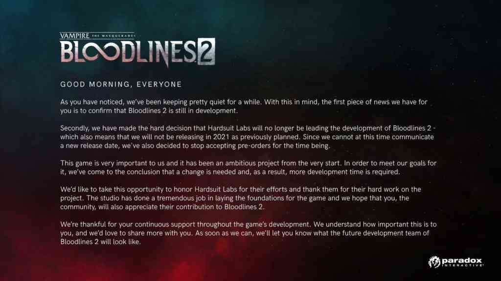 Vampire the Masquerade – Bloodlines 2 wird auf unbestimmte Zeit verschoben.
